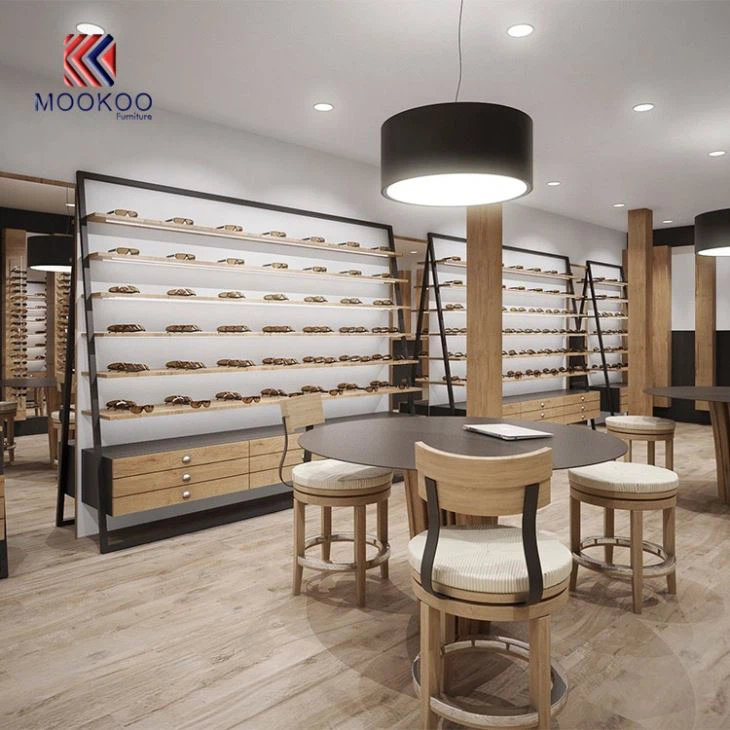 Customized Optical Wood And Metal Display Rack Interior Decoration Design